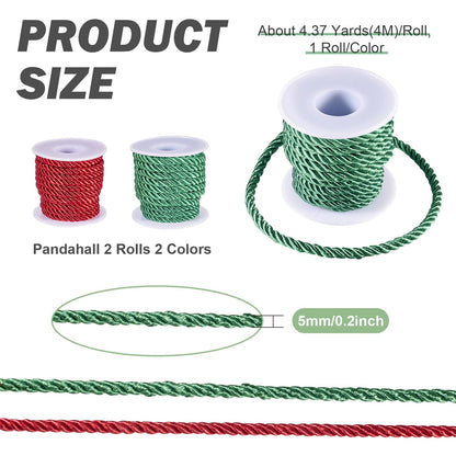 Beadthoven 2 Rolls/8.74 Yards 5mm Christmas Braided Cord Red Green 3-Ply Shiny Polyester Twisted Twine Cord Rope Decorative Thread Strings for DIY Bracelets Necklace Upholstery Curtain Home Decoration