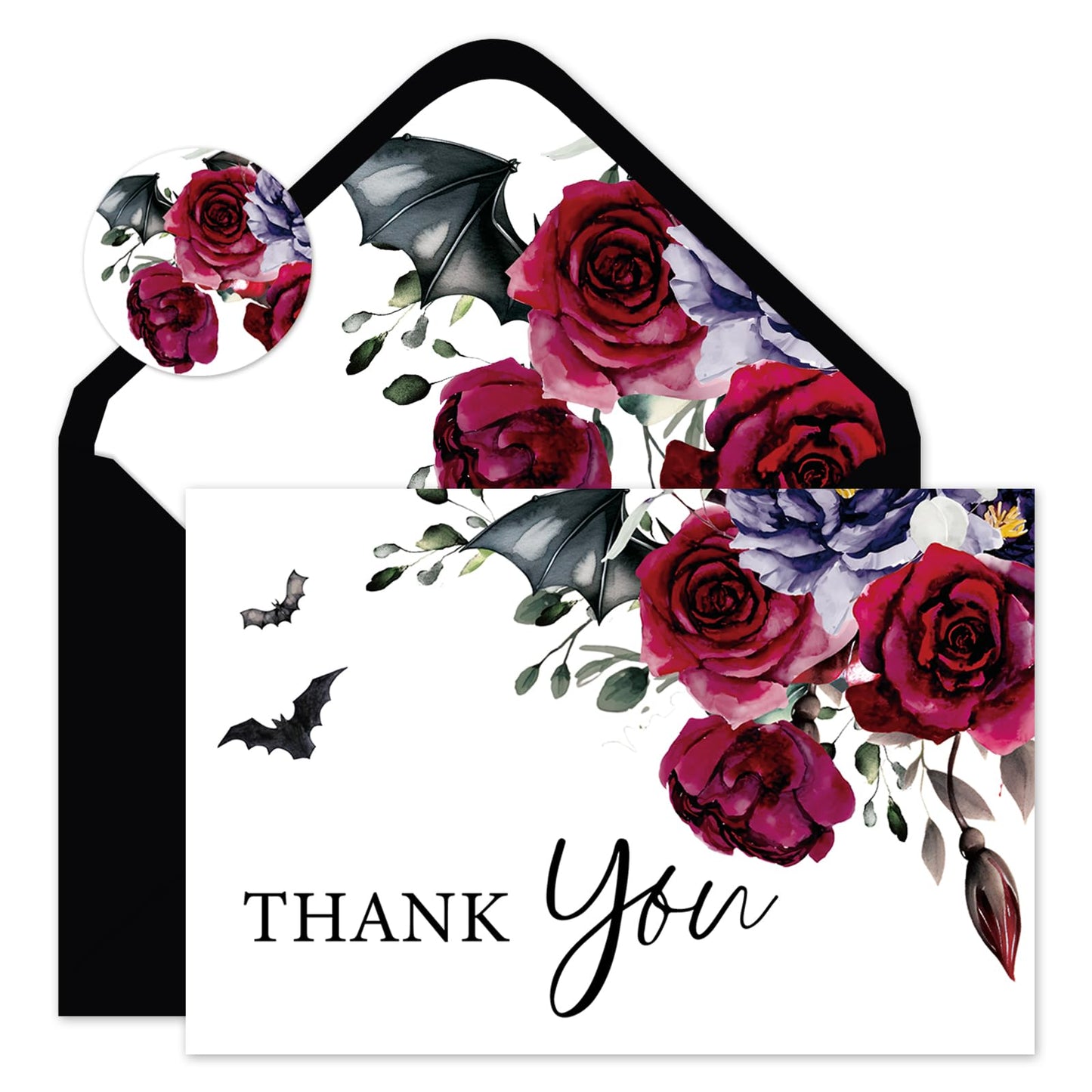 Whaline 36Pcs Halloween Thank You Cards with Envelopes Stickers Blood Red Flower Bat Greeting Cards Blank Note Card for Halloween Birthday Wedding Party Supplies
