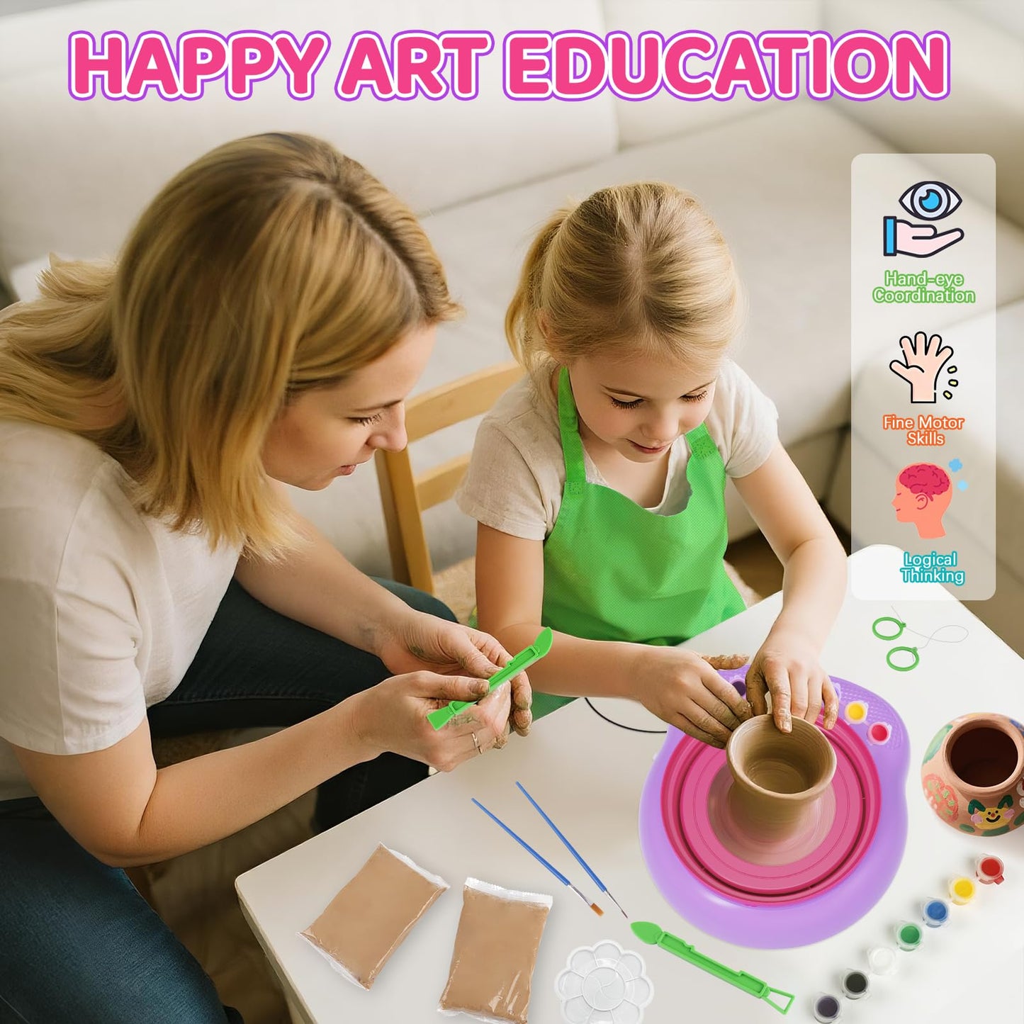 Pottery Wheel for Kids, Arts & Crafts Pottery Painting Toys Kit for Kids Ages 8-12, Art Supplies with 3 Pack Air Dry Clay and Clay Tools, Birthday Easter Gift for Girls Boys 6 7 8 9 10 11 12