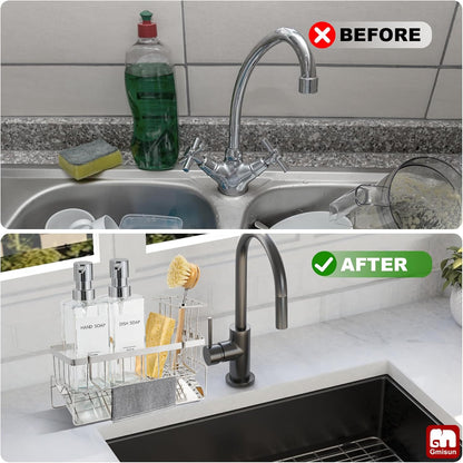 12 oz/350ml Set GMISUN Kitchen Soap Dispenser, Fl Clear Dish Soap Dispenser with Silver Sponge Holder, Customized Glass