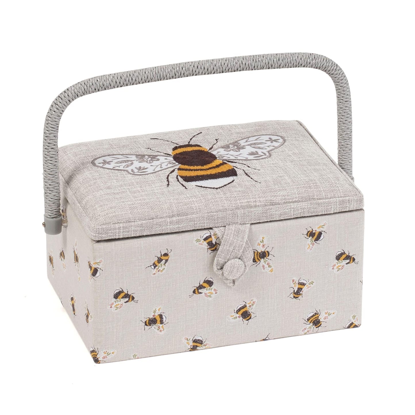 Hobby Gift Medium Sewing Box Organiser, Fabric Covered Storage Box with Handle, Internal Tray, Pin Cushion and Pocket for Sewing, Quilting and Knitting Supplies