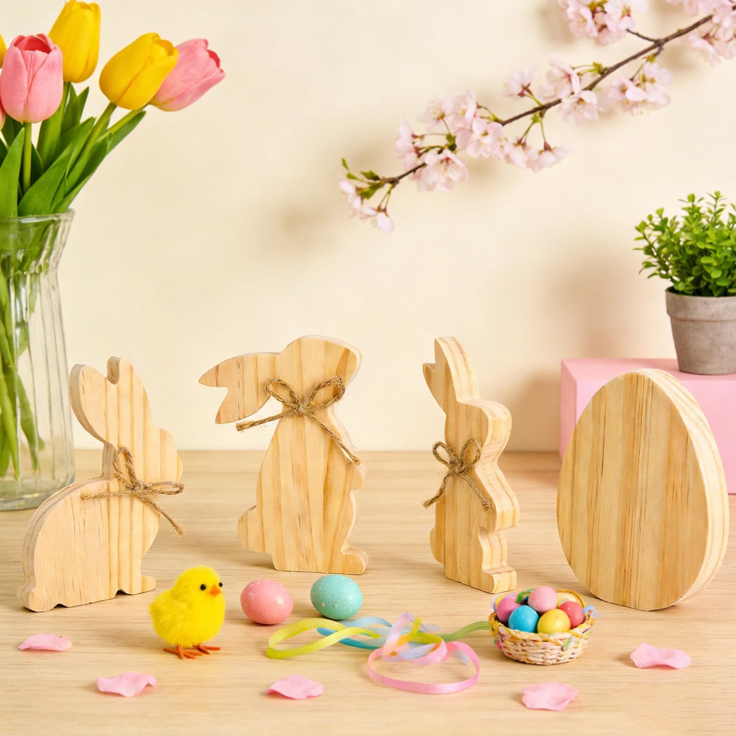 Meching 12 Pcs Unfinished Easter Wooden Cutouts Bunny Egg Shapes Blank Wood Signs for Painting DIY Crafts Spring Home Party Tabletop Tiered Tray Classroom Decoration