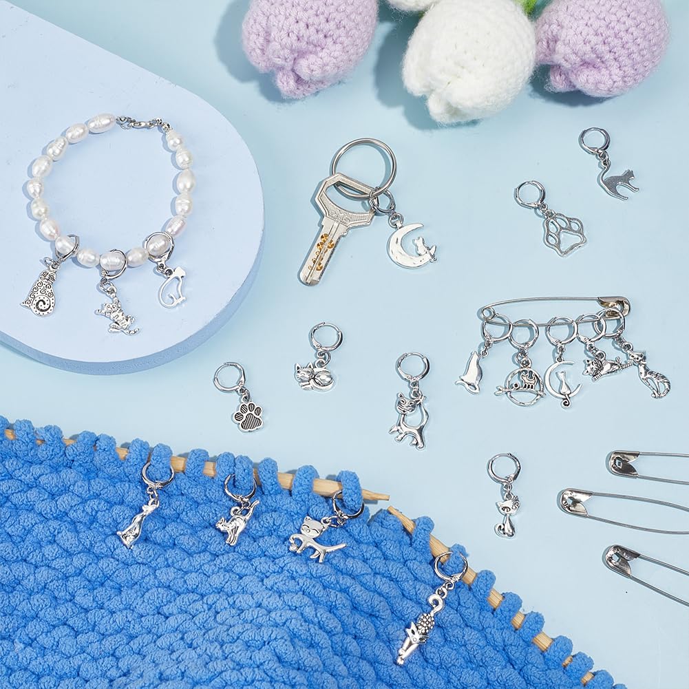 PH PandaHall 20 Styles Cat Stitch Markers with 4PCS Safety Pins Paw Print Moon Crochet Stitch Marker Charms Antique Silver Kitten Knitting Locking Marker for Weaving Quilting Sewing Jewelry Making