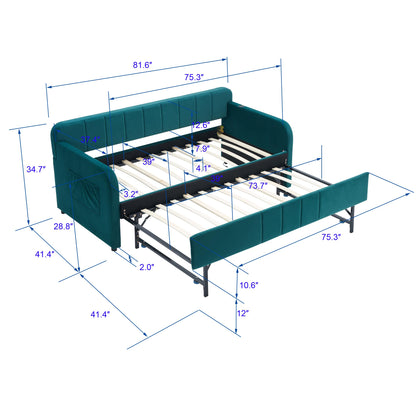 Ball & Cast Twin Size Daybed with Pop up Trundle,Velvet Upholstered Day Bed Frame with Channel Tufted Backrest,Extendable Trundle Bed with USB Port & Side Pocket,Twin to King Design,Emerald