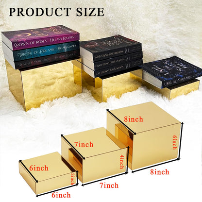 Jolboldy 3 Pcs Gold Acrylic Risers Display Stands, Mirrored Nesting Cube Boxes Pedestal for Figures Collectibles, Jewelry Purse Wallet Showcase Blocks, Buffet Risers Food Display Catering Dessert Cake