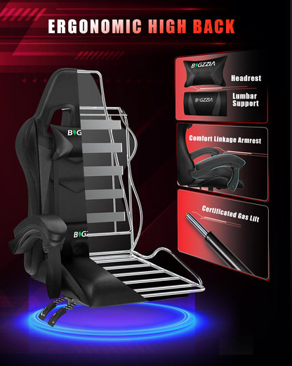 Bigzzia Gaming Chair with RGB LED Lights, High Back Ergonomic Computer Gamer Chair with Headrest and Lumbar Support, Racing Style Reclining Game Chair for Adults, Kids (Black)