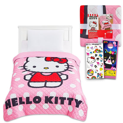 Hello Kitty Bedspread Twin Set for Kids - Bundle with a Quilted Bedspread for Twin Bed and More | Hello Kitty Bedding Set for Girls
