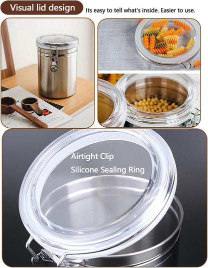 4 (1.8L Silver-4) Coffee Canister Pcs Stainless Steel Food Container with Clear Lids Airtight Container Stackable