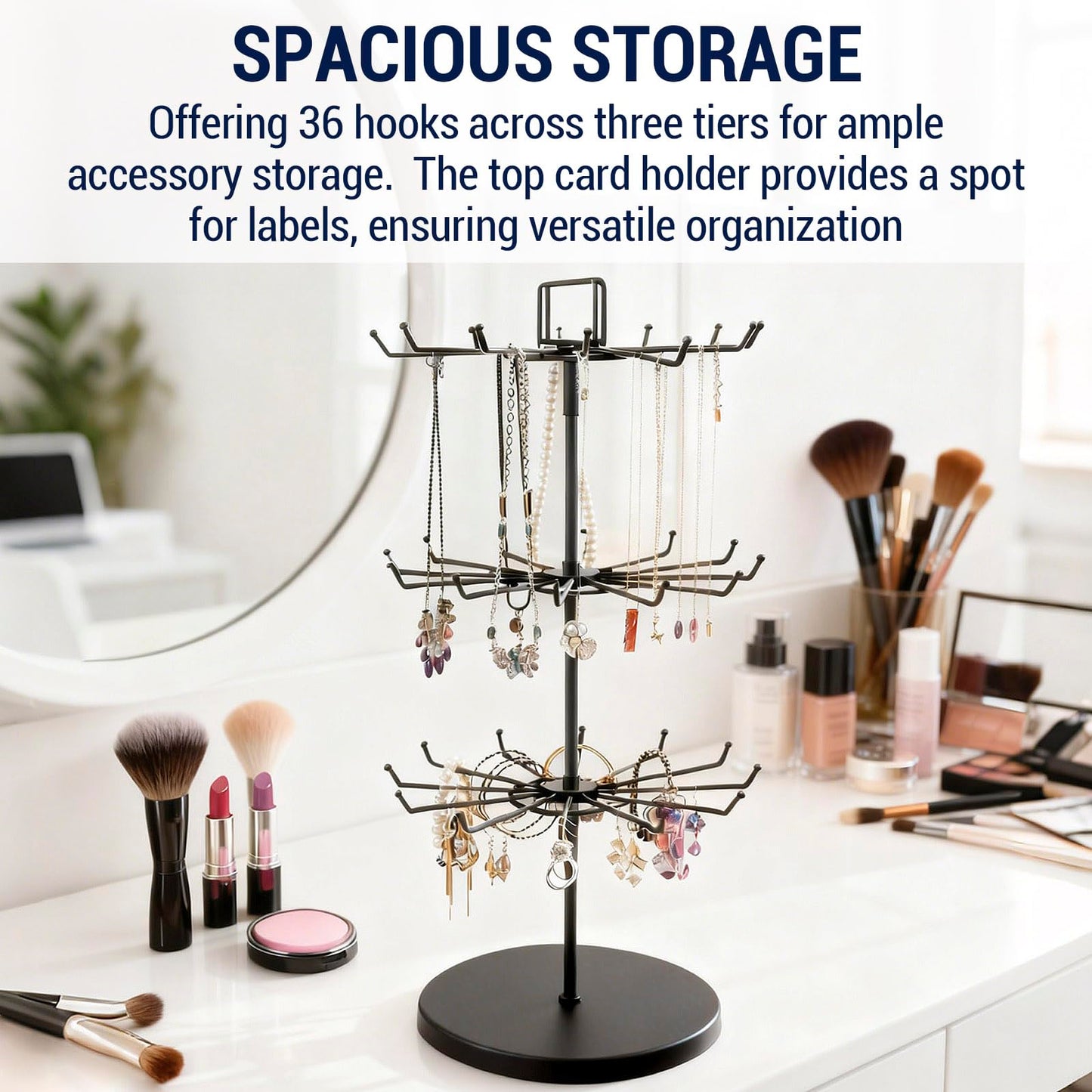 MyGift 3-Tier Matte Black Metal Jewelry Tree Display Stand – 360 Rotating Necklace & Bracelet Organizer Tower with 36 Hooks and Top Sign Holder