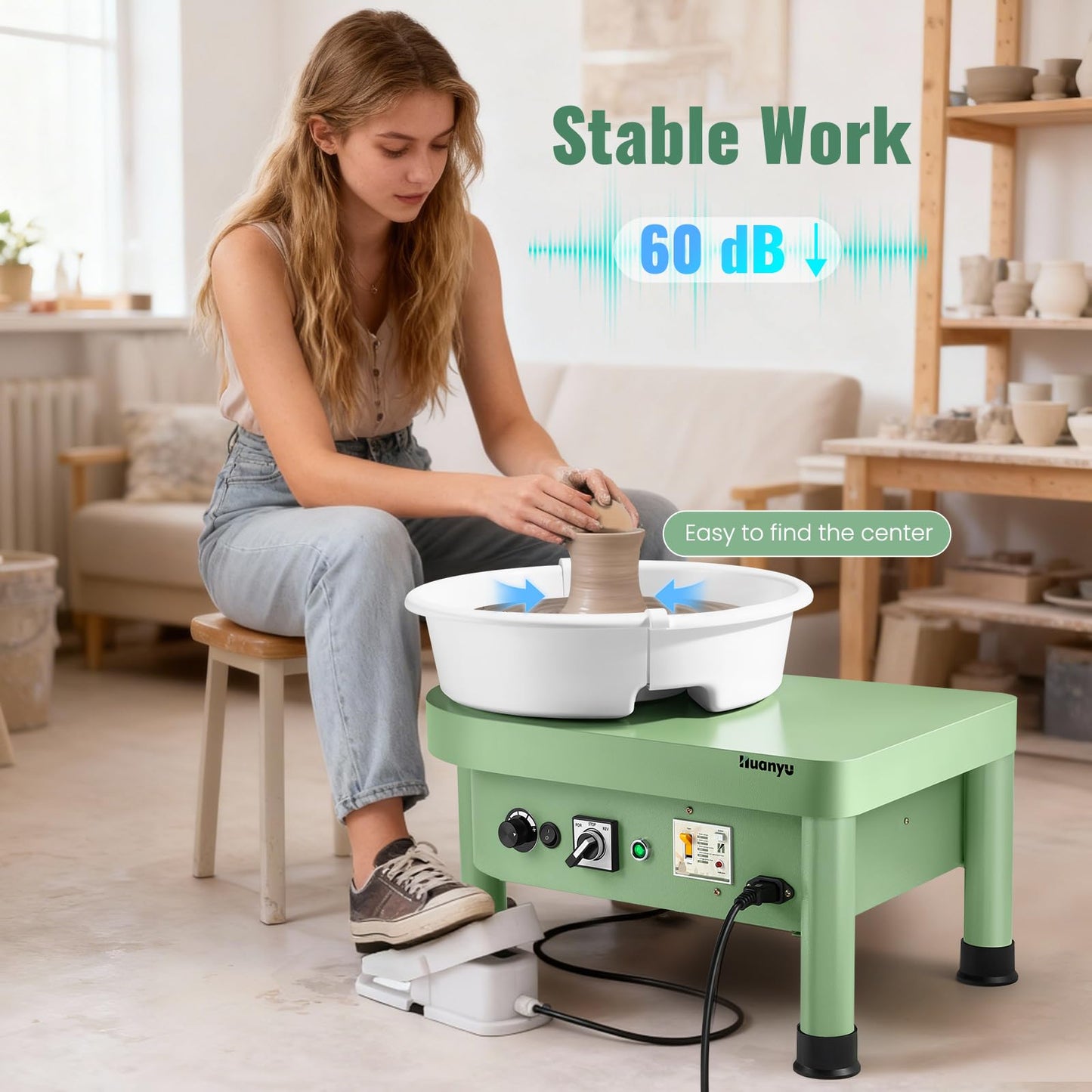 Huanyu Pottery Wheel Machine, 12-Inch Bat System Manual & Foot Pedal Control Electric Ceramic Wheel Forming Machine Art Clay DIY Sculpting Tool Kit (Green)