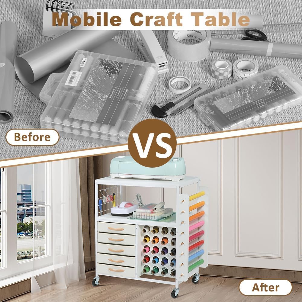 LUCKUP Organization and Storage Craft Table for Cricut Machines, Rolling Cart Cabinet with 28 Vinyl Roll Holders and 5 Drawers, Heat Press Stand Crafting Storage Cart with Hooks
