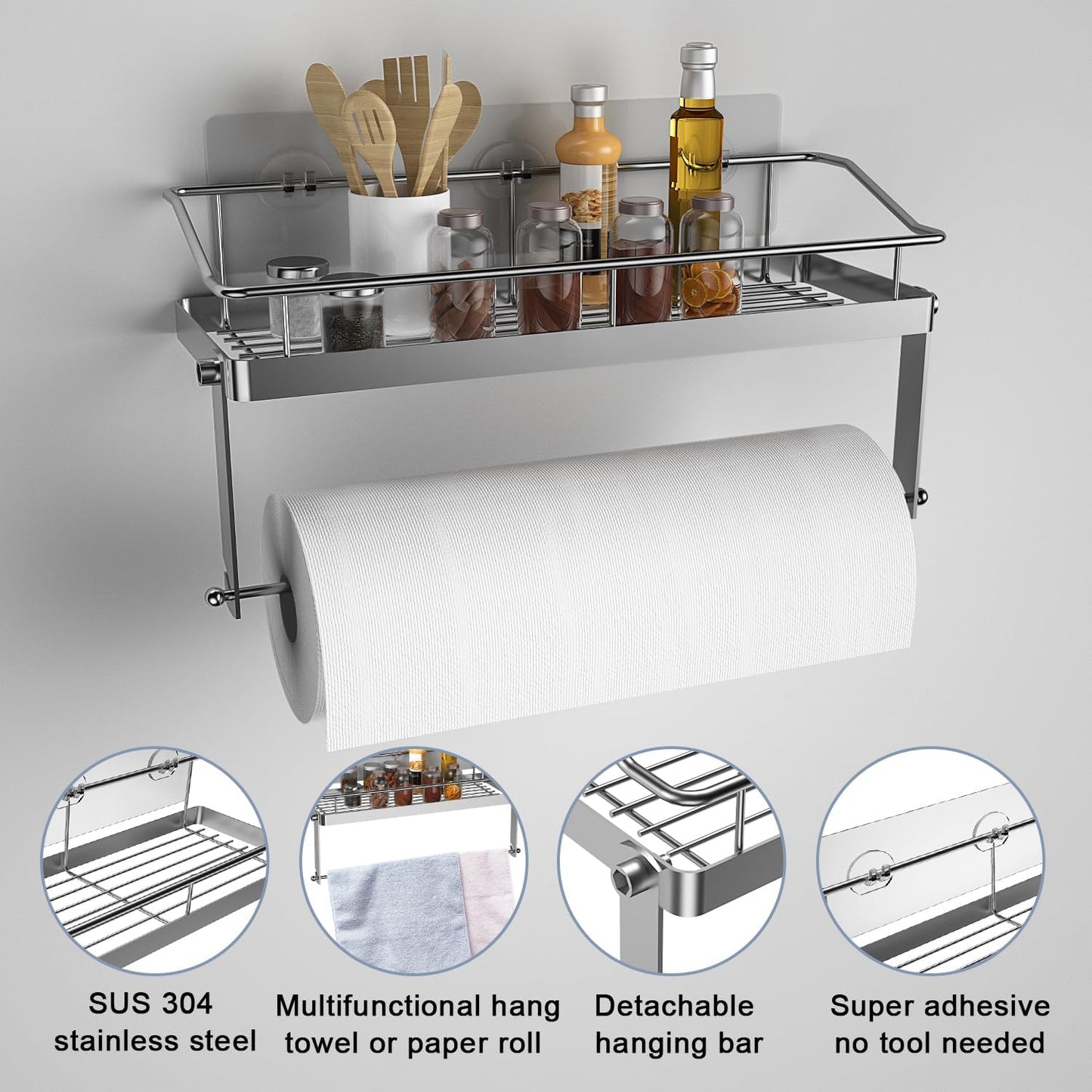 Adhesive Paper Towel Holder Shelf, Wall Mounted Roll Rack for Kitchen Shower Bathroom, Rustproof Stainless Steel