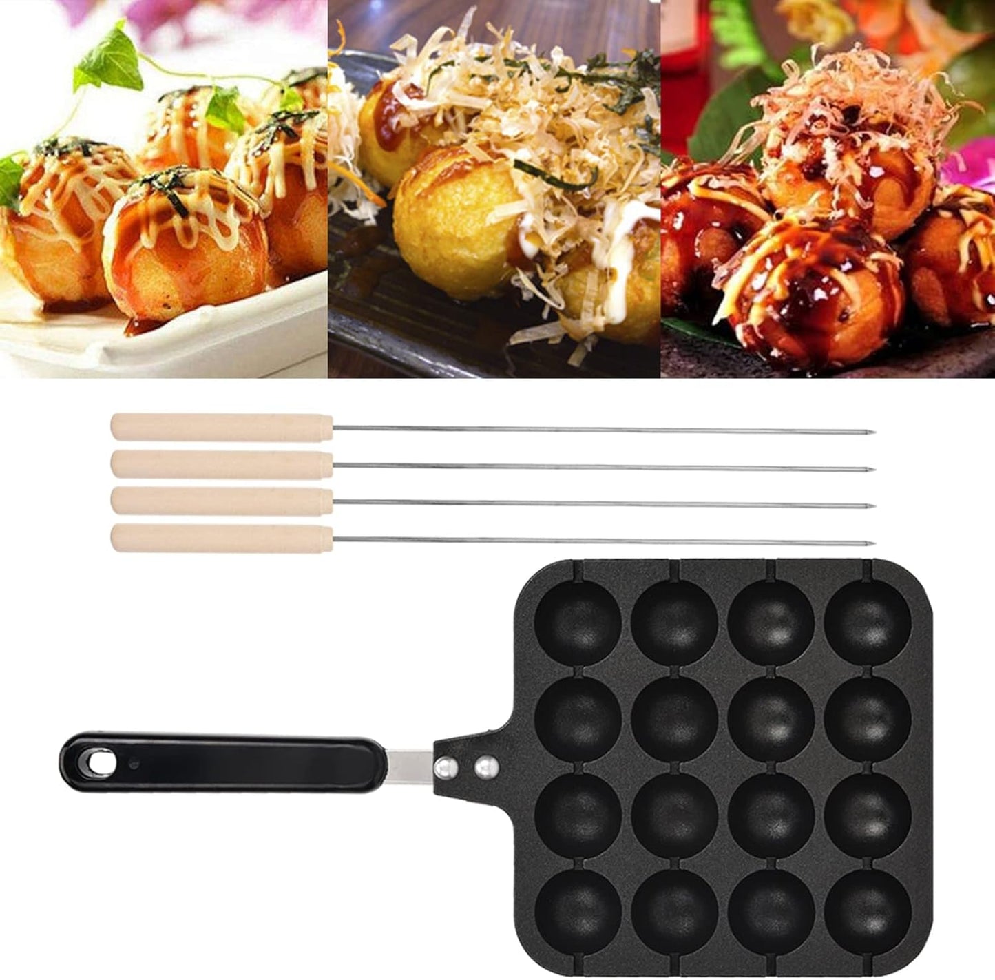 Takoyaki Baking Tray - 16 Holes Takoyaki Grill Pan Maker for Japanese Octopus Meatballs with 4 Baking Pins