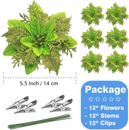 Christmas Poinsettia Artificial Flowers Decorations, 12 Pcs Glitter Flowers Picks for Xmas Tree Wreaths Garland