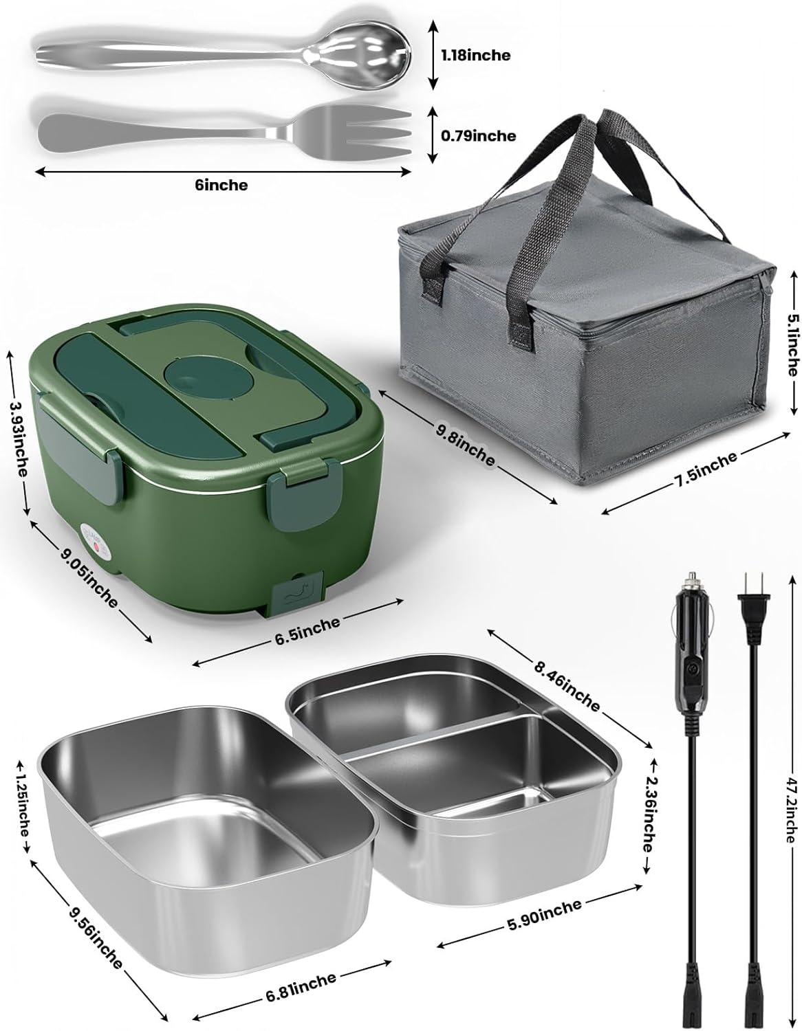 Electric Lunch Box for Adults, 80 W Fast Heating Portable Food Warmer with 2 Stainless Steel Containers