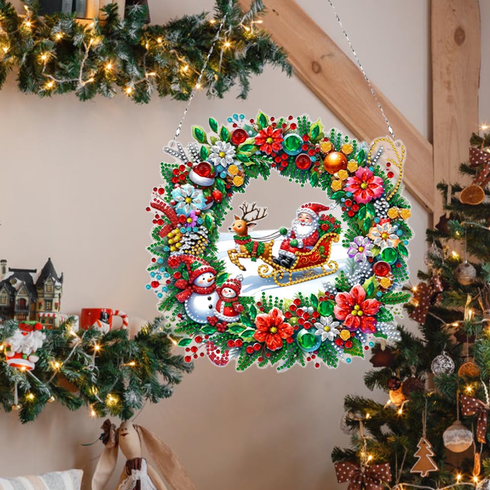 LAKEQUILL Christmas Diamond Art Painting Kit for Adults: DIY Hanging Wreath Pendant, Special Shaped Crystal Art for Holiday Window Tree Decor
