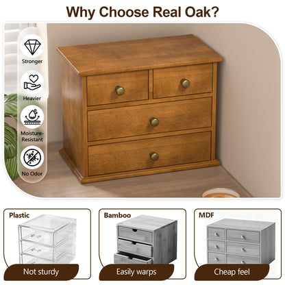Oak Desk Organizer with Drawers, Durable Wooden Desktop Storage Box with Metal Handles & Non-Slip Silicone Pads, 4 Drawer Tabletop Organizer for Office, Bedroom, Bathroom, Vanity, and Makeup – Walnut