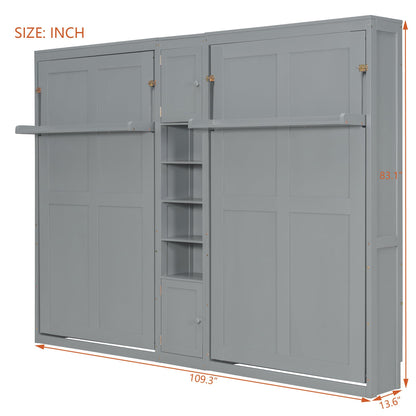 Merax Twin Murphy Bed with Storage Cabinets and Shelves, Dual Twin Wall Bed with Convertible Shelf Legs, Space Saving Foldable Bed for Small Rooms, Guest Room, Gray