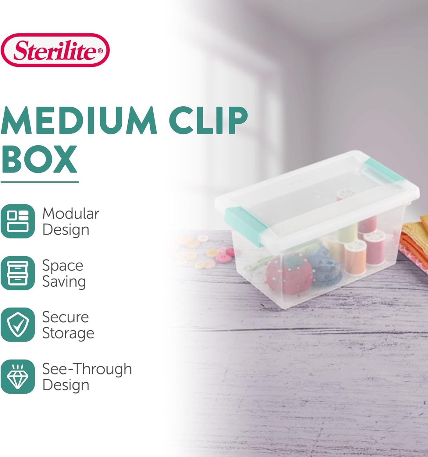 Sterilite Medium Clip Box, 4-Pack Stackable Small Storage Bin with Latching Lid, Clear Plastic Container for Office,