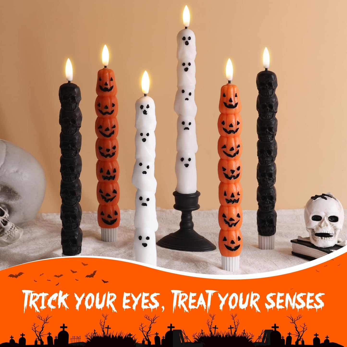 Eywamage Halloween Flameless Taper Candles with Remote, Spooky Black Skull LED Candlesticks Battery Operated Flickering Real Wax Set of 4