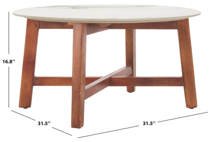SAFAVIEH Home Collection - Samie Coffee Table, Round White Ceramic Faux Marble Top with Walnut Brown Wood Base (COF2902A)