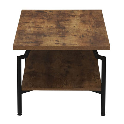 Household Essentials Crown Rectangular Coffee Table with Storage Shelf Rustic Hickory Wood Grain and Black Metal