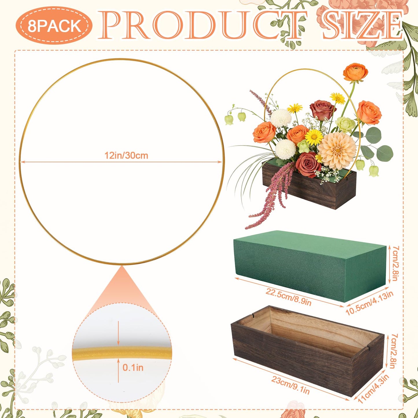 24Pack Floral Hoop Centerpiece Kit, 8Pcs 12'' Metal Floral Hoop Centerpiece with Stand+ 8Pcs Wood Cube Planter Box + 8Pcs Floral Foam Blocks for DIY Wedding Christmas Party Home Garden Decor