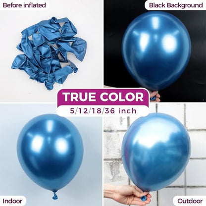 Bezente Metallic Blue Latex Balloons - 100 Pack of 12-Inch Chrome Blue Helium Balloons for Celebrations
