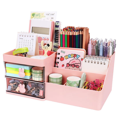 Meiikun Desk Organizer, Makeup Organizer with 2 Drawers, 7 Compartment & a Top Tray, Desktop Organizers and Storage for Women, Cute Home organization Bathroom, 11" x 5.7" x 4.7" (Pink)