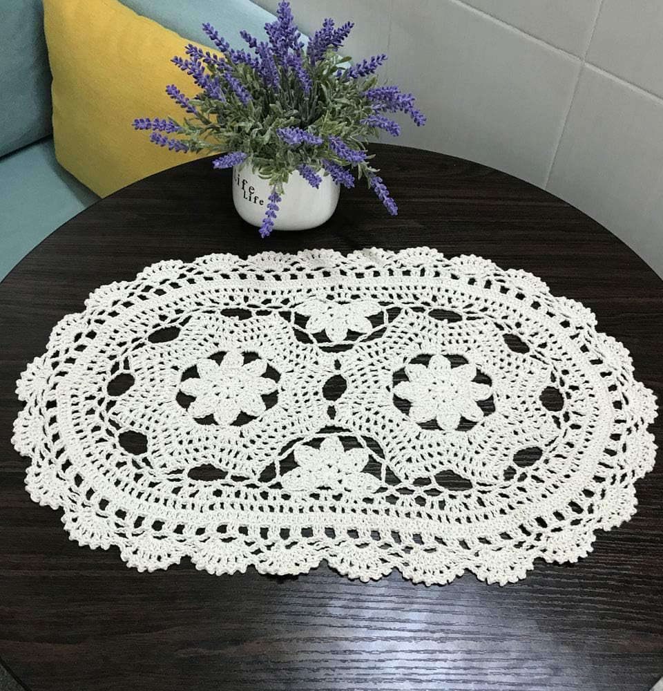 Hetao 11X19 Inch 100% Doilies-2pc Cotton Handmade Lace Crochet Oval Table mats Placemats Doily Beige