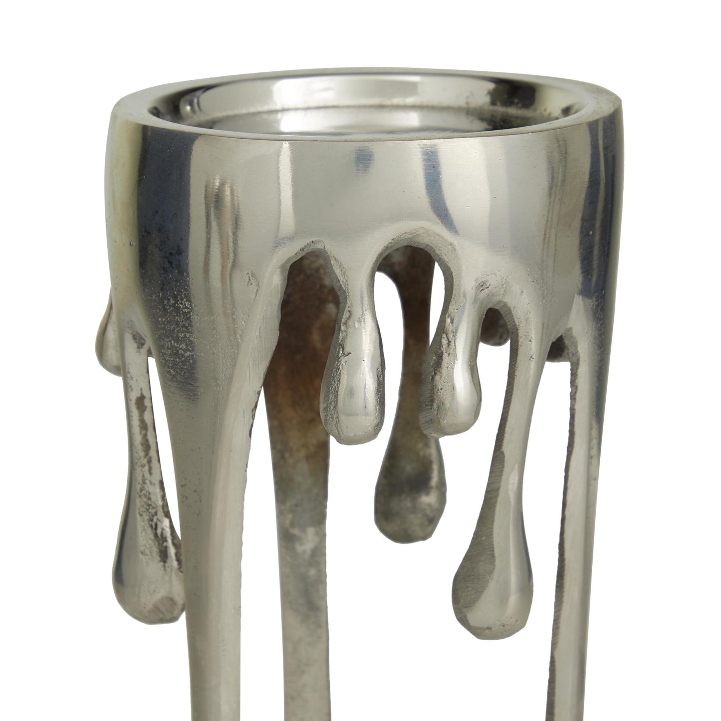 CosmoLiving by Cosmopolitan Aluminum Metal Abstract Decorative Candle Holder Melting Drip Candle Stand, Set of 3 Candlestick Holder 12", 10", 8"H, Silver