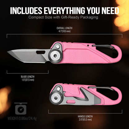 TACRAY Vinto 5-in-1 Small Pocket Knife – Ultra-Light Compact Multitool with Utility Knife, Seatbelt Cutter, Bottle Opener, Flathead Screwdriver & Keyring Attachment for Everyday Carry (Pink)