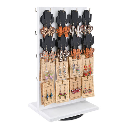 MOOCA Wooden Rotating Two-Sided Jewelry Display Stand, Rotating Organizer with 32 Long Hooks for Store, Keychain Earring Display, White color, 9.1W x 7.5 D x 17.1 H in