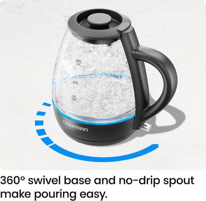 Chefman 1L Electric Tea Kettle with LED Lights, Automatic Shut Off, Removable Lid, Boil-Dry Protection, Electric
