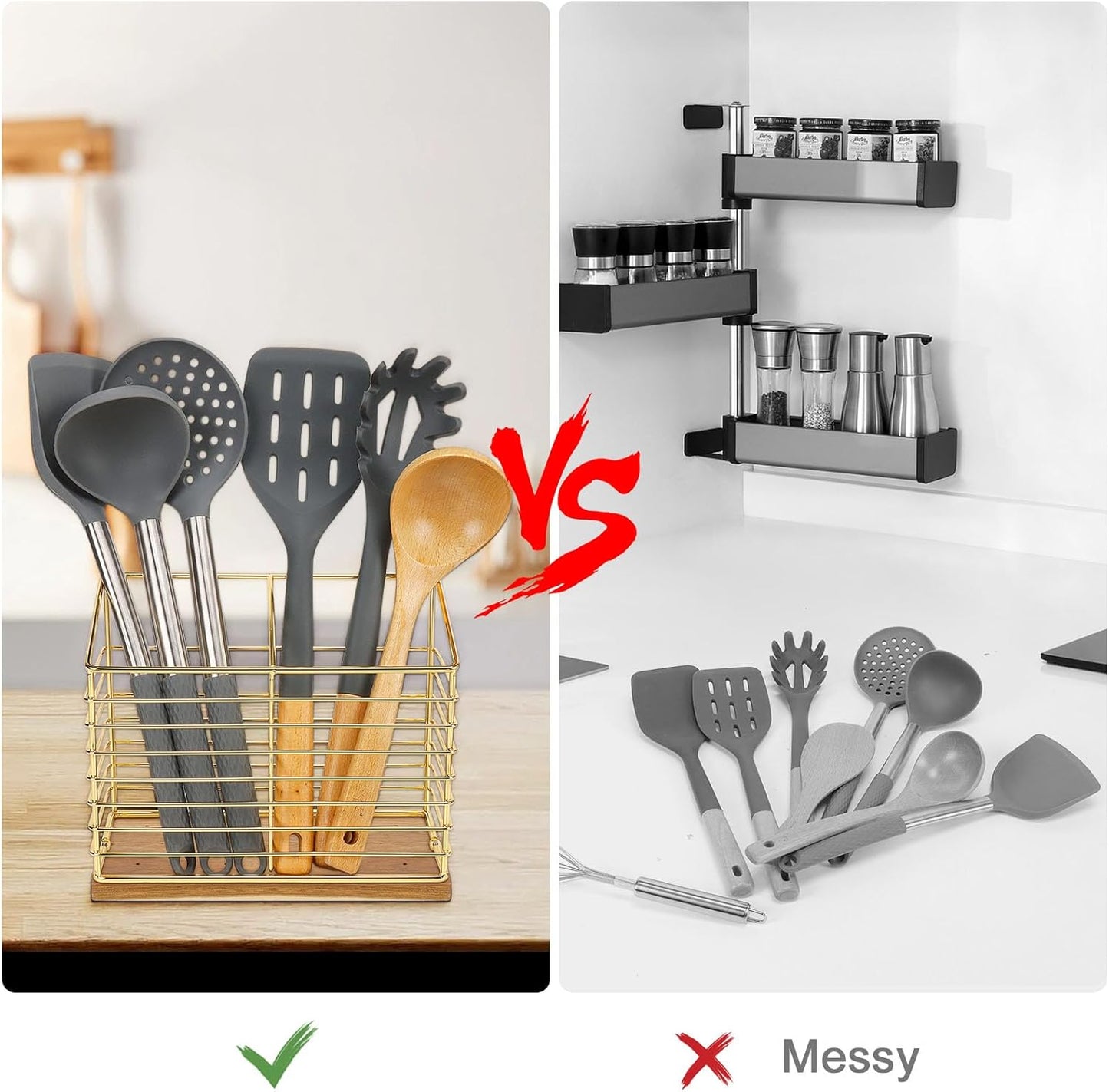 Metal Utensil Holder Rack for Kitchen Counter, Cooking Tools Storage Organizer with Sturdy Base and Drainage Hole (Gold