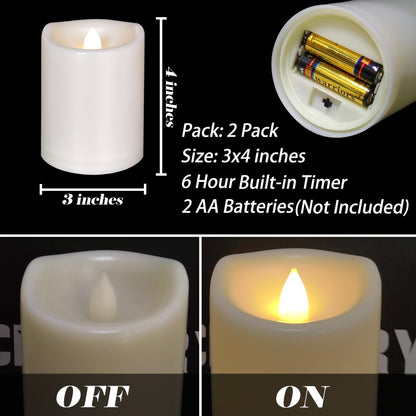 2 Pack Outdoor Battery Operated Candles with Timer (3x4 Inch) Waterproof Flameless Flickering Pillar Candles Plastic LED Fake Candle for Halloween Christmas Decoration Outside Lantern Festival Decor