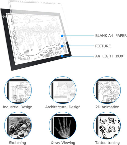 LitEnergy A4 LED Copy Board Light Tracing Box, Adjustable USB Power Artcraft LED Trace Light Pad for Tattoo Transferring, Drawing, Sketching, Animation, Stenciling, Diamond Art Painting Accessories