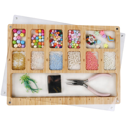 Favonuovy Beads Sorting Tray with Scoop, Magnetic Acrylic Lid, Band and Velvet Padding Bead Boards for Jewelry Bracelet Making Wood Beading Mat Engraved with 11in Ruler, 12 Compartments and Letter A-K