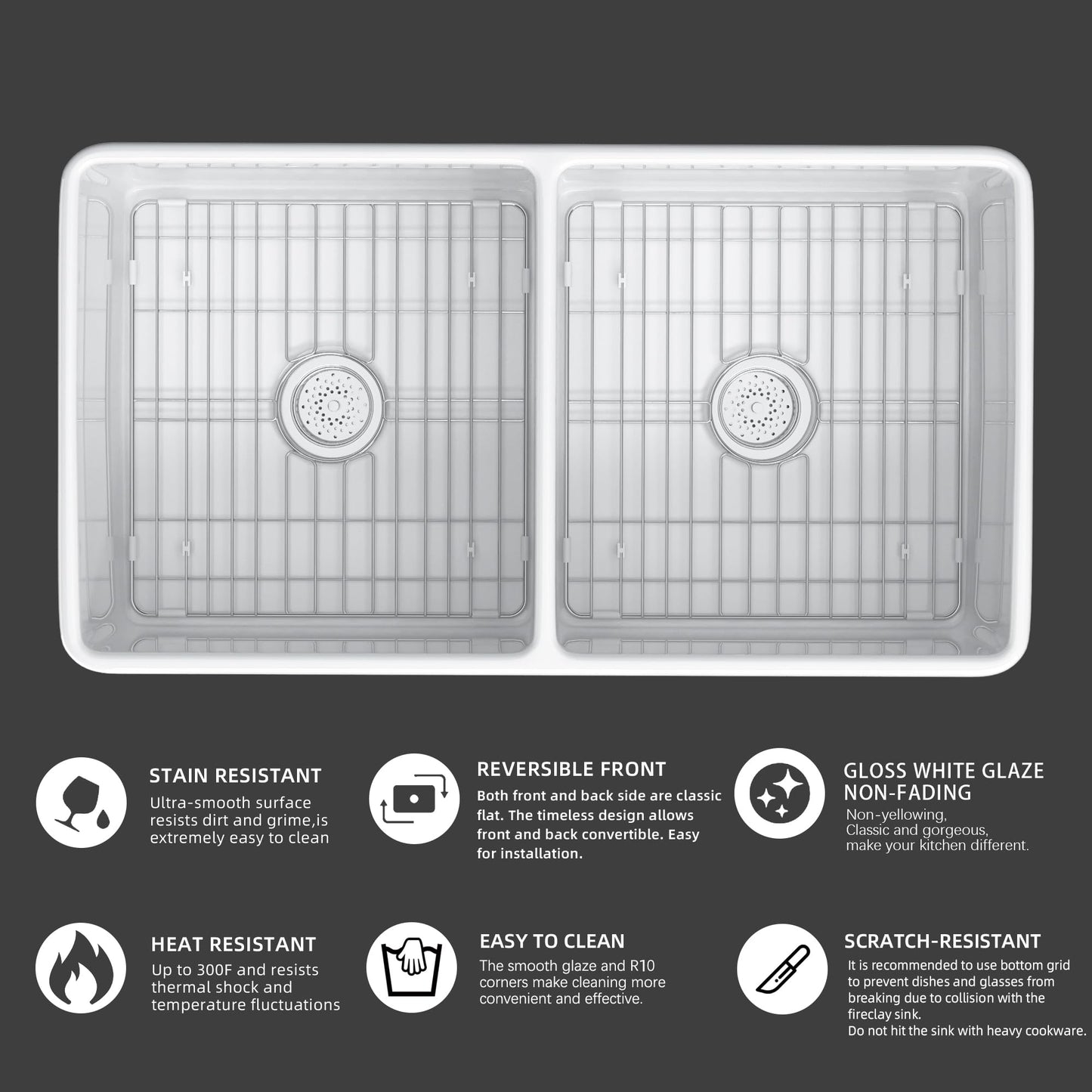 Miuara Farmhouse Sink Double Bowl 33 Inch - White Apron Front Kitchen Sink Reversible 33"x18", Undermount Farm House﻿ Style Dual Basin 50/50, Heavy Duty Solid Fireclay, for Kitchen