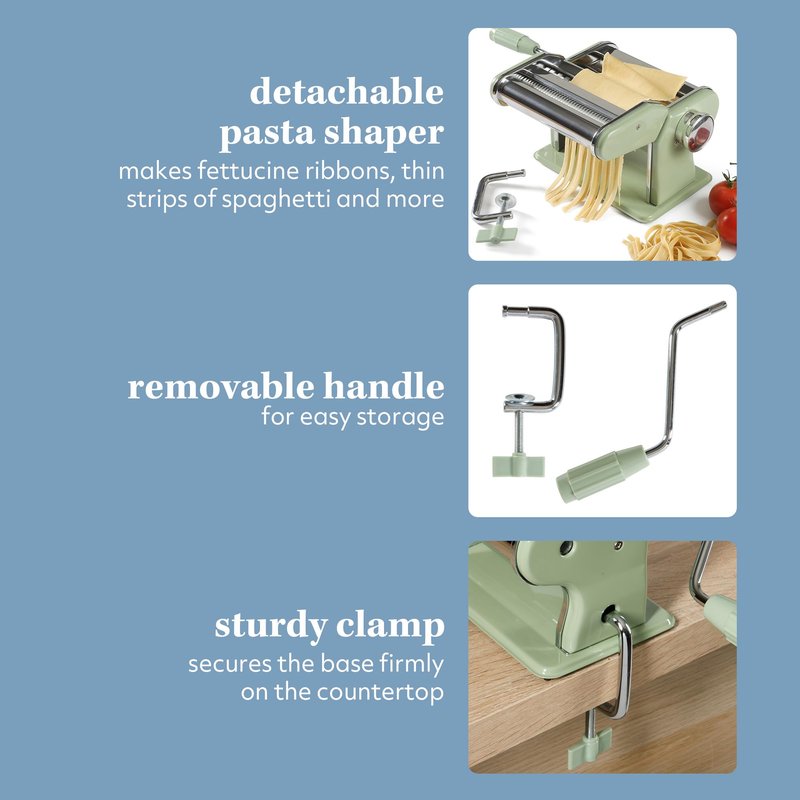 Sur La Table Kitchen Essential Va Bene Manual Pasta Maker Machine Noodle Maker w/Rollers & Cutters - Spaghetti, Fettuccini, Lasagna or Dumpling Skin - Stainless Steel/Juniper Green