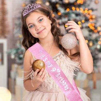 Vovii 9th Birthday Party Decorations Set for Girls- Pink Crown, Glitter Sash, Number 9 Candle & Cake Topper Kit for Birthday Celebrations Party Supplies Gift