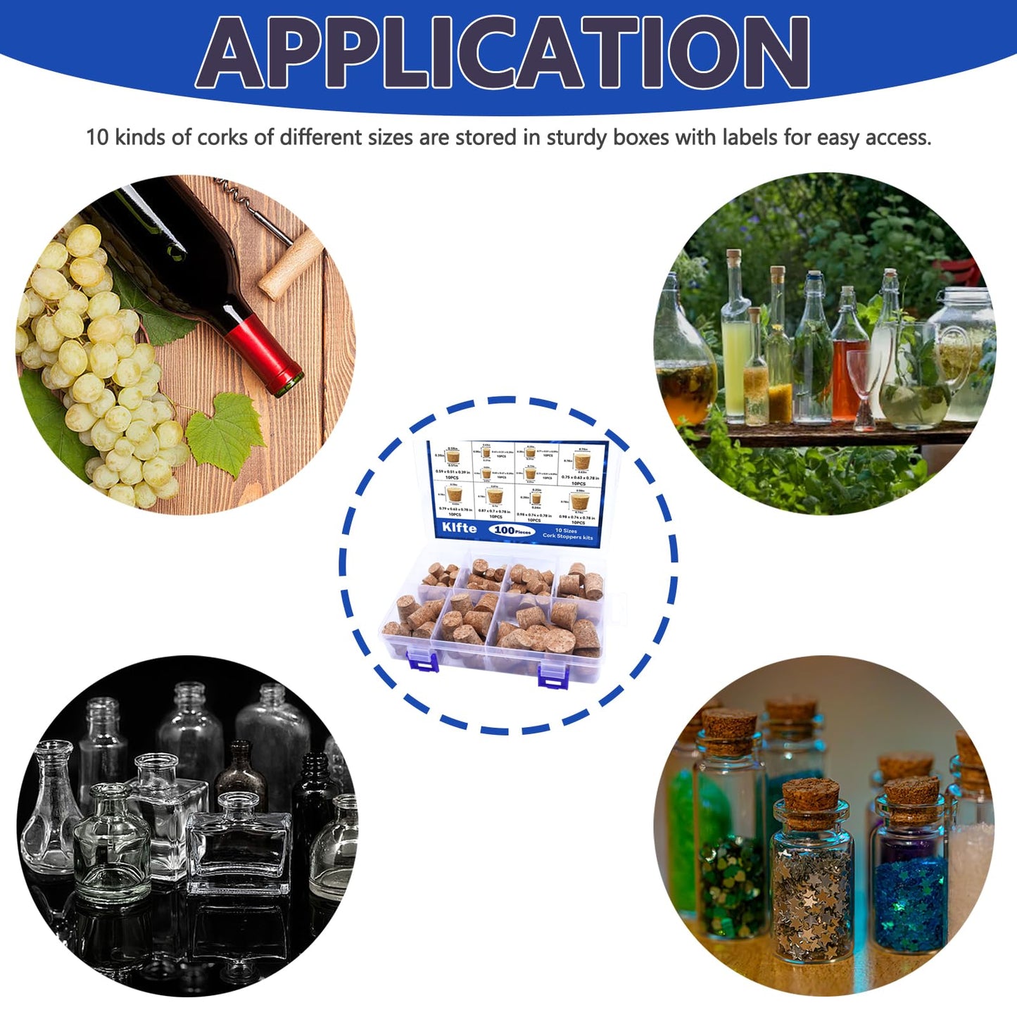 Klfte 100Pack 10 Sizes Cork Stoppers,Small Corks Plugs For Bottles, Replacement Tapered Wooden Wine Stoppers for Apothecary Jar Small Bottle DIY