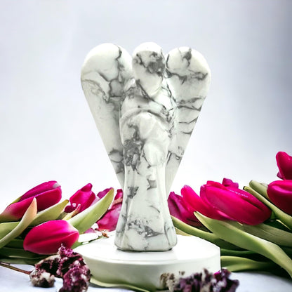 ANAYA AGATE Howlite Angel Statue 2" Certified Gemstone Guardian Angel Natural Crystal Hand-Carved Angel Charms for Calmness, Awareness, Peace, Self-Control & Positive Energy Crystal Figurines Decor