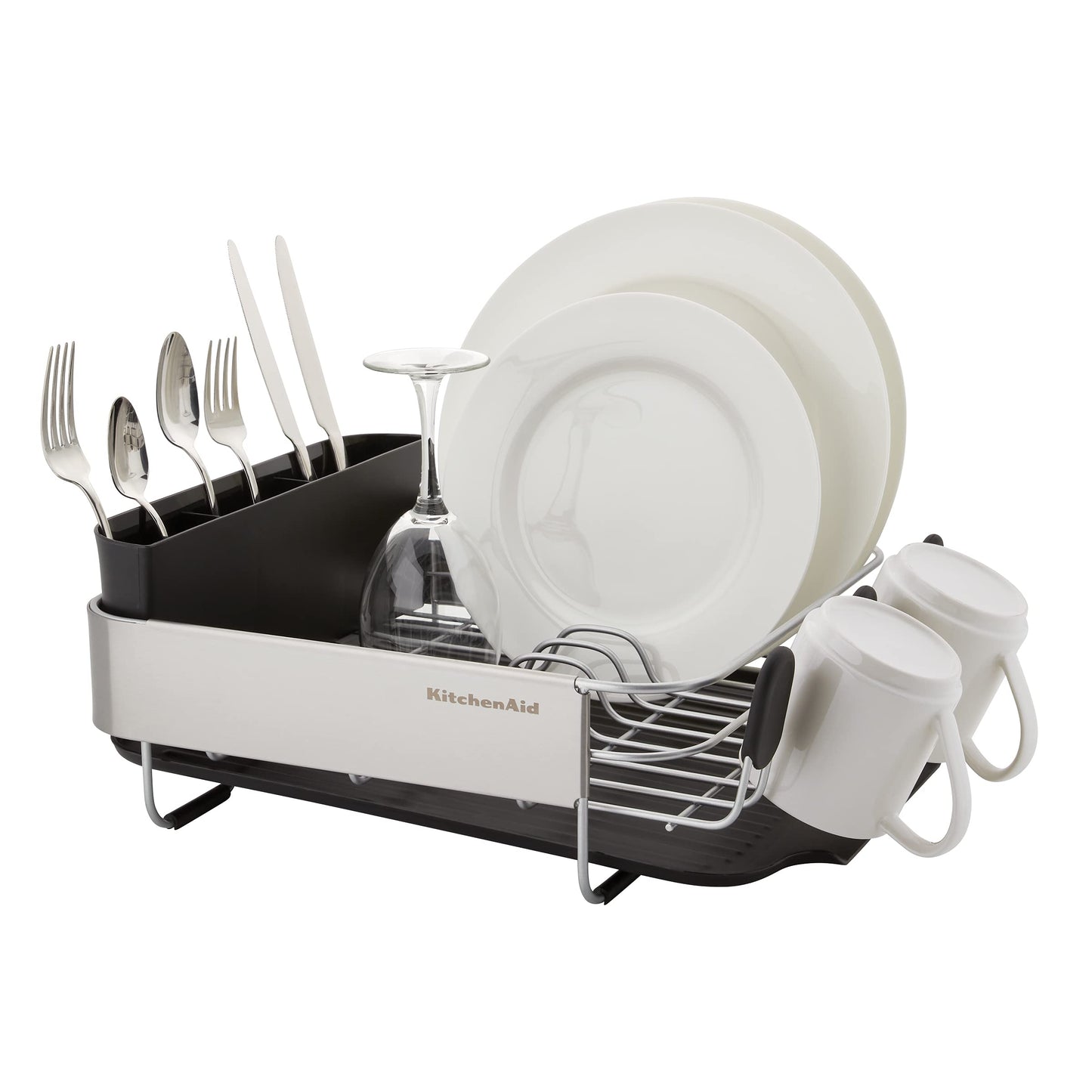KitchenAid Compact, Space Saving Rust Resistant Dish Rack with Removable Flatware Caddy and Angled Self Draining Drainboard, 16.06-Inch, Black