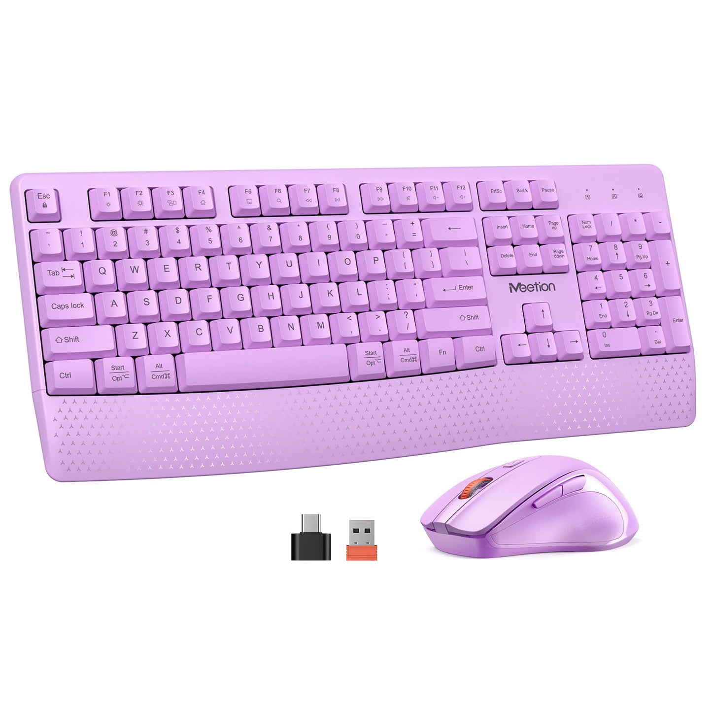 MEETION Wireless Keyboard and Mouse, Full-Sized Cordless Keyboard with Wrist Rest and 3 DPI Adjustable Mouse, 2.4G Wireless, Purple, for PC/Computer/Laptop/Windows/Mac