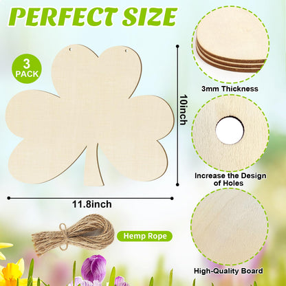 Large Size 12" Wooden Shamrock Ornaments to Paint, St. Patrick's Day Decoration Cutouts Wooden DIY Blank Unfinished Shamrock Irish Door Hanging Sign Plaque Crafts Hanging Decorations 3PCS