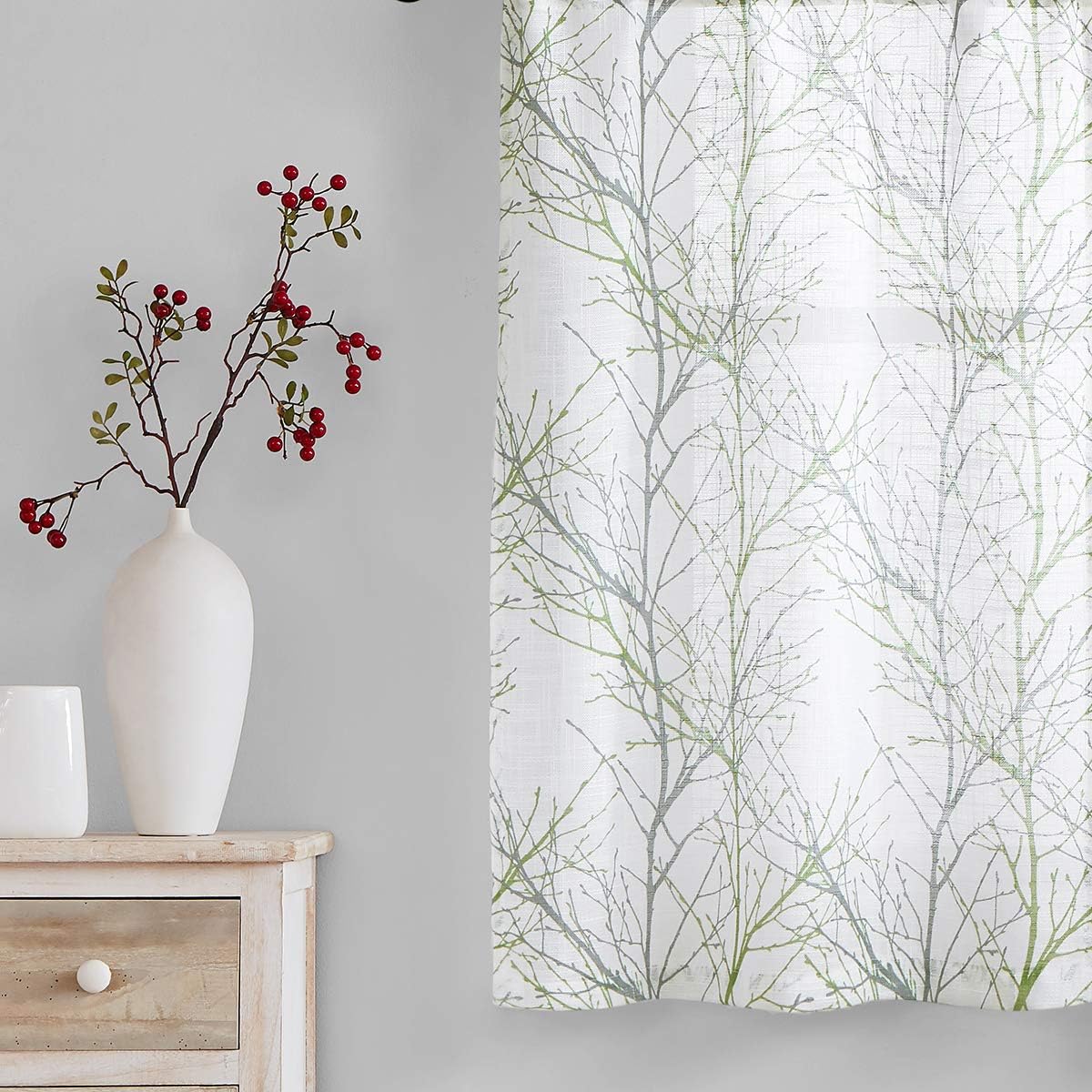 FMFUNCTEX Sage Green Kitchen Curtains, Semi Sheer Linen Tiers for Bathroom, Cafe, 24 Inch Length, 2 Panels