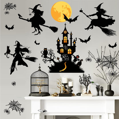 Halloween Decorations Decals Witches Wall Decor Black Bats Castle Stickers Halloween Wall Decal Peel and Stick Halloweens Party Supply Scary Spider Vinyl Sticker Art Murals for Home Window Door Decor