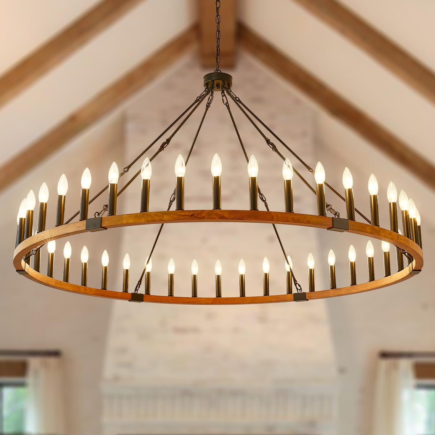 FOVICY 60-Inch Wagon Wheel Chandelier, 42-Light Large Rustic Farmhouse Chandelier for High Ceilings, Wooden Round Chandelier Lighting for Foyer, Entryway, Living Room, Dining Room