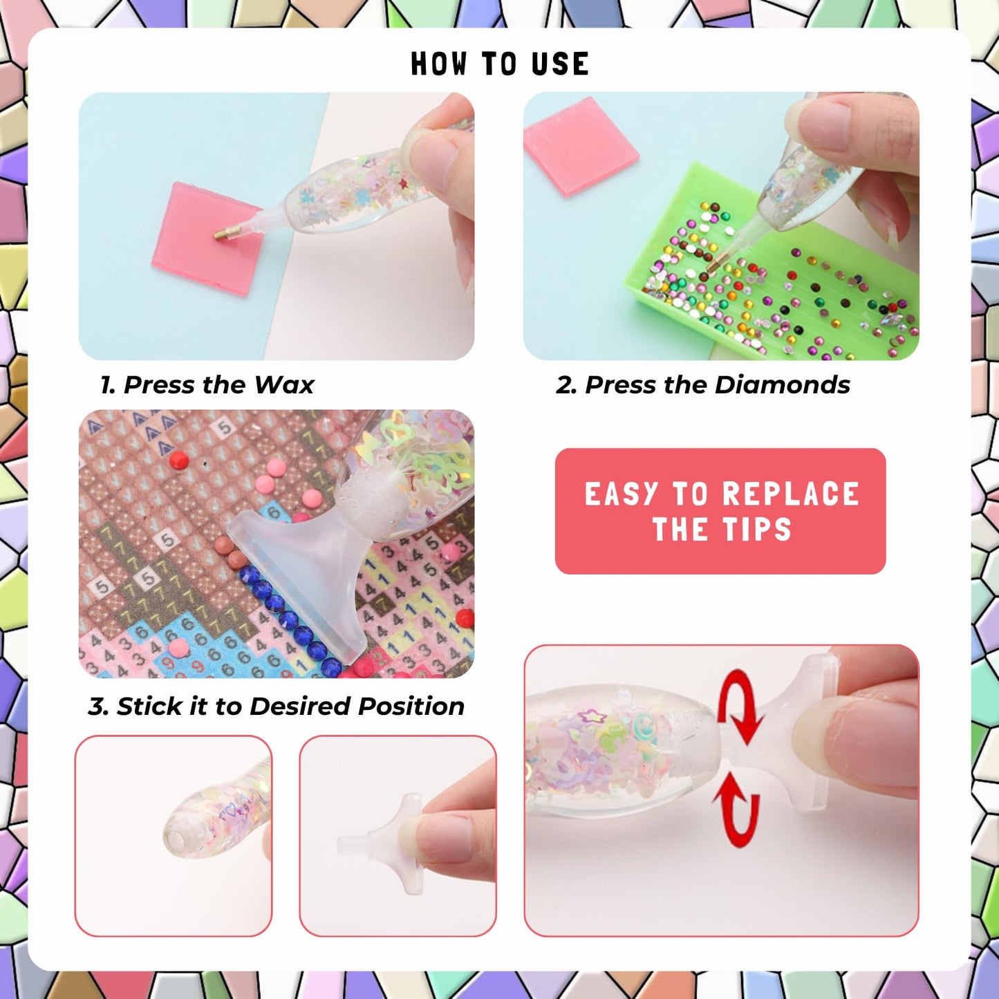 FOVIUPET 20pcs Diamond Painting Art Drill Pen Set, Resin Luminous 5D Point Drill Pen Tools with Metal/Resin Tips, Cross Stitch Diamond Rhinestone Beads Picker DIY Nail Art Embroidery Tools (Pink)